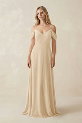 Champagne Off-the-Shoulder Chiffon A-Line Maxi Bridesmaid Dress | KISSBRIDAL