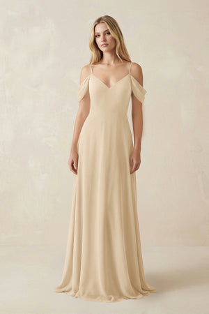 Champagne Off-the-Shoulder Chiffon A-Line Maxi Bridesmaid Dress | KISSBRIDAL