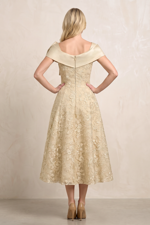 Champagne Off-the-Shoulder Embroidered A-Line Midi Mother of the Bride Dress (2) | KISSBRIDAL
