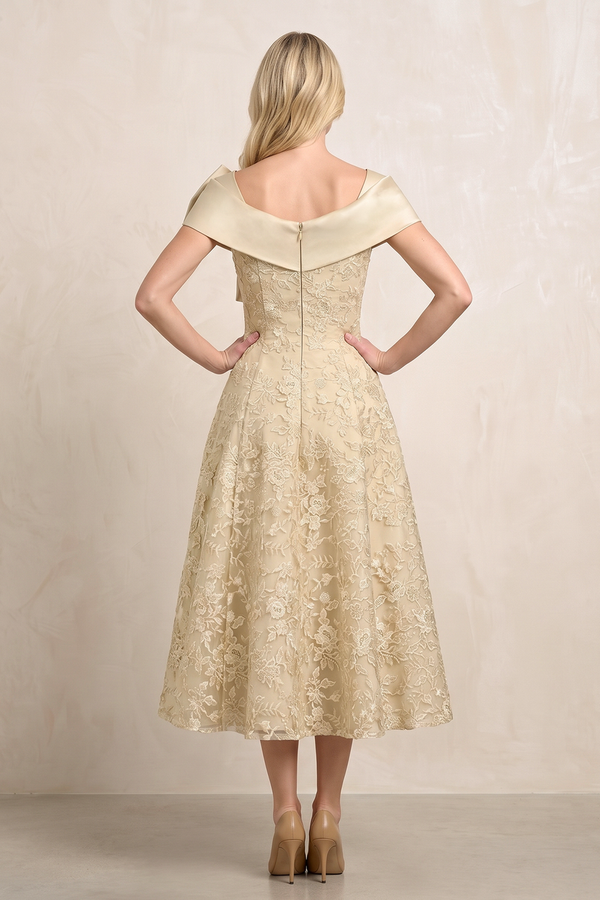 Champagne Off-the-Shoulder Embroidered A-Line Midi Mother of the Bride Dress (2) | KISSBRIDAL