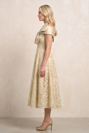 Champagne Off-the-Shoulder Embroidered A-Line Midi Mother of the Bride Dress (3) | KISSBRIDAL