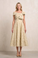 Champagne Off-the-Shoulder Embroidered A-Line Midi Mother of the Bride Dress | KISSBRIDAL
