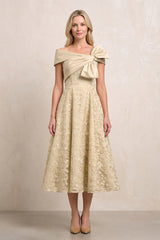 Champagne Off-the-Shoulder Embroidered A-Line Midi Mother of the Bride Dress | KISSBRIDAL