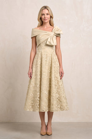 Champagne Off-the-Shoulder Embroidered A-Line Midi Mother of the Bride Dress | KISSBRIDAL
