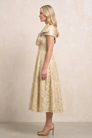 Champagne Off-the-Shoulder Embroidered A-Line Midi Mother of the Bride Dress | KISSBRIDAL
