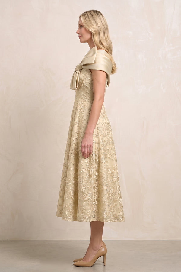 Champagne Off-the-Shoulder Embroidered A-Line Midi Mother of the Bride Dress | KISSBRIDAL