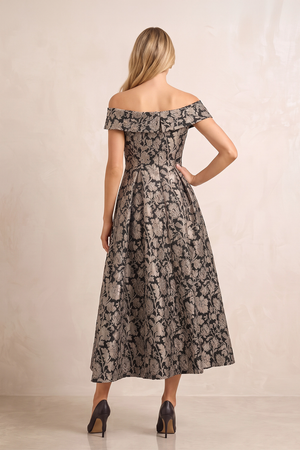 Champagne Off-the-Shoulder Jacquard Midi A-Line Mother of the Bride Dress (2) | KISSBRIDAL