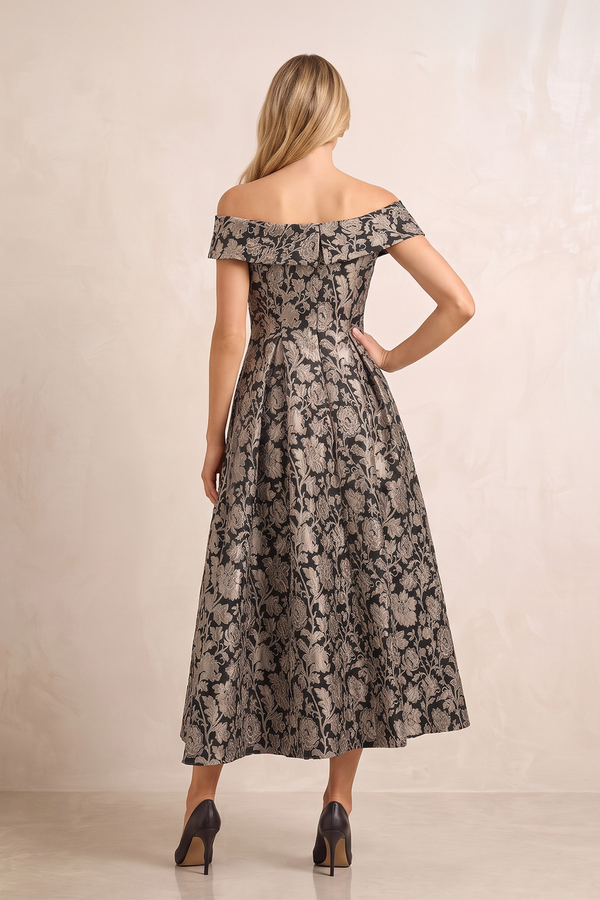 Champagne Off-the-Shoulder Jacquard Midi A-Line Mother of the Bride Dress (2) | KISSBRIDAL