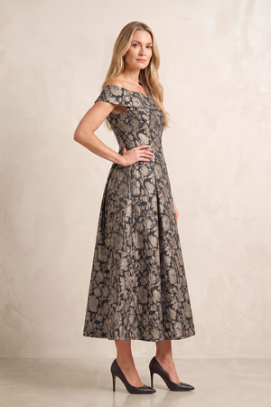 Champagne Off-the-Shoulder Jacquard Midi A-Line Mother of the Bride Dress (3) | KISSBRIDAL