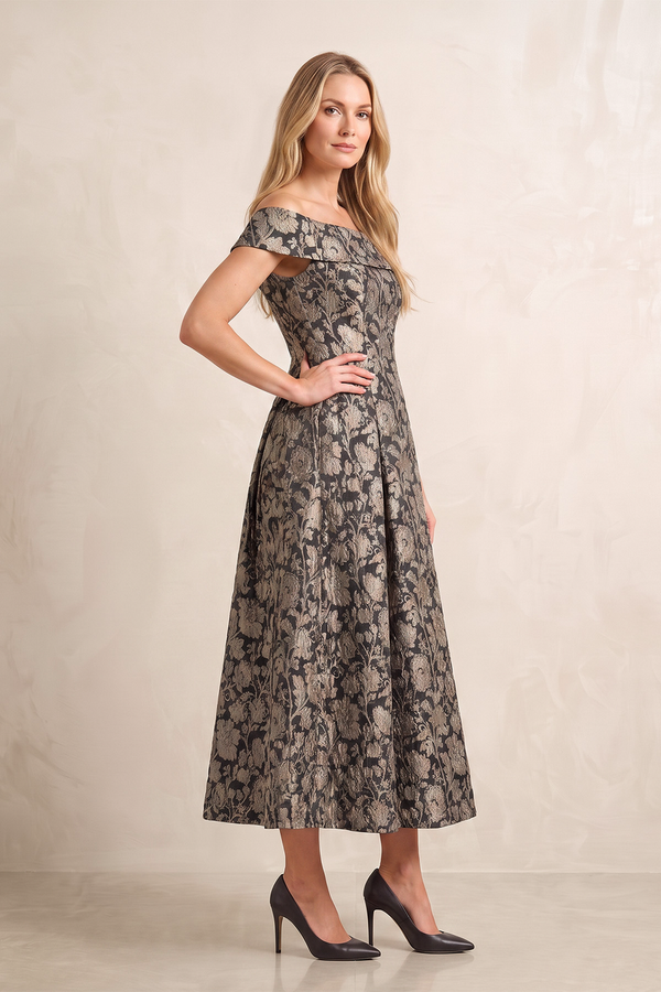 Champagne Off-the-Shoulder Jacquard Midi A-Line Mother of the Bride Dress (3) | KISSBRIDAL