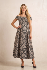 Champagne Off-the-Shoulder Jacquard Midi A-Line Mother of the Bride Dress | KISSBRIDAL