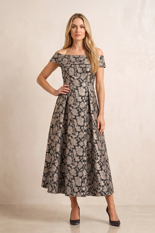 Champagne Off-the-Shoulder Jacquard Midi A-Line Mother of the Bride Dress | KISSBRIDAL