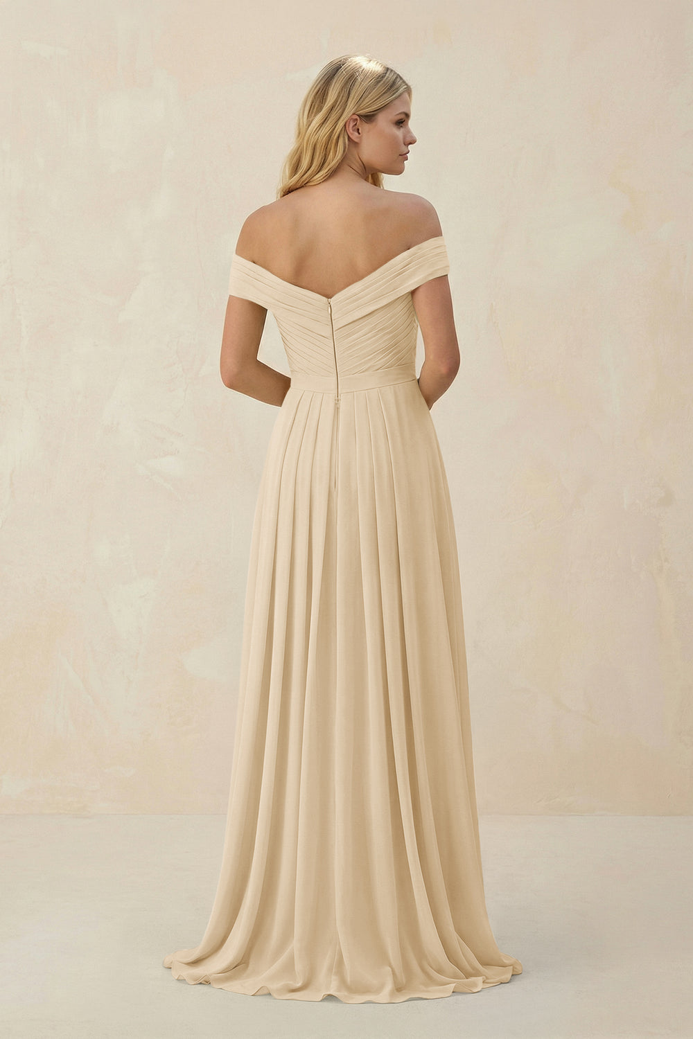 Off-the-Shoulder Pleated A-Line Chiffon Bridesmaid Dress in Champagne