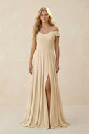 Champagne Off-the-Shoulder Pleated A-Line Chiffon Bridesmaid Dress | KISSBRIDAL