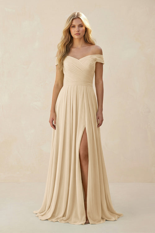 Champagne Off-the-Shoulder Pleated A-Line Chiffon Bridesmaid Dress | KISSBRIDAL
