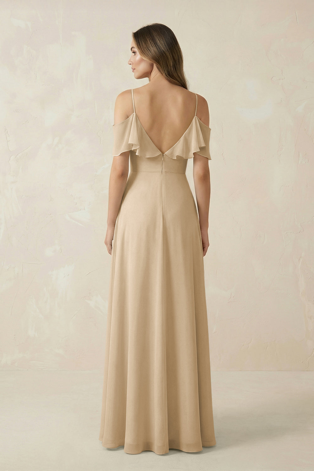Off-the-Shoulder Ruffled A-Line Chiffon Bridesmaid Dress in Champagne