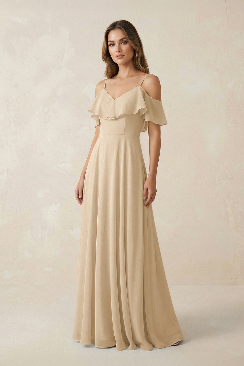 Off-the-Shoulder Ruffled A-Line Chiffon Bridesmaid Dress in Champagne
