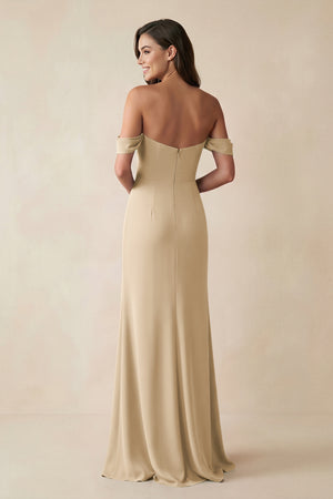 Champagne Off-the-Shoulder Sheath Bridesmaid Dress with Slit (2) | KISSBRIDAL