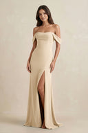 Champagne Off-the-Shoulder Sheath Bridesmaid Dress with Slit | KISSBRIDAL