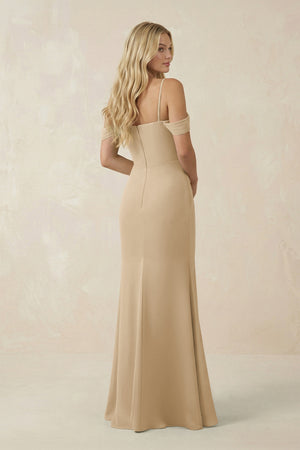 Champagne Off-the-Shoulder Sheath Chiffon Ruched Bridesmaid Dress (2) | KISSBRIDAL