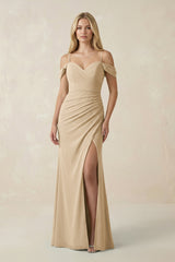 Champagne Off-the-Shoulder Sheath Chiffon Ruched Bridesmaid Dress | KISSBRIDAL