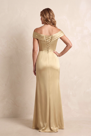 Champagne Off-the-Shoulder Sheath Satin Mother of the Bride Dress with Slit (2) | KISSBRIDAL