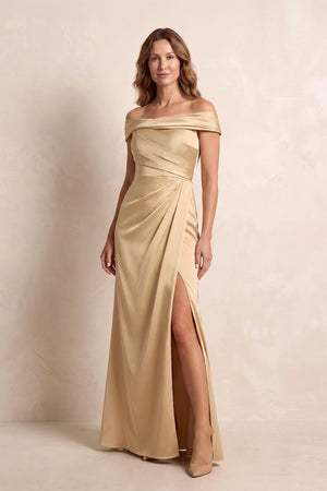 Champagne Off-the-Shoulder Sheath Satin Mother of the Bride Dress with Slit | KISSBRIDAL