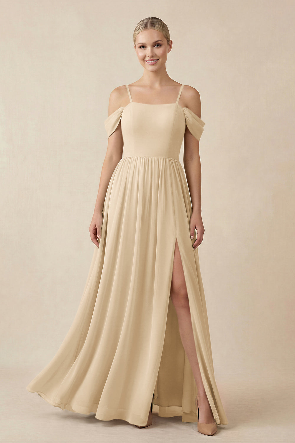 Off-the-Shoulder Sweetheart A-Line Chiffon Bridesmaid Dress in Champagne