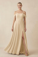 Champagne Off-the-Shoulder Sweetheart A-Line Chiffon Bridesmaid Dress | KISSBRIDAL
