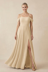 Champagne Off-the-Shoulder Sweetheart A-Line Chiffon Bridesmaid Dress | KISSBRIDAL