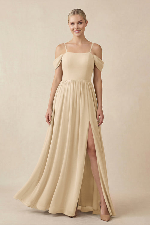 Champagne Off-the-Shoulder Sweetheart A-Line Chiffon Bridesmaid Dress | KISSBRIDAL