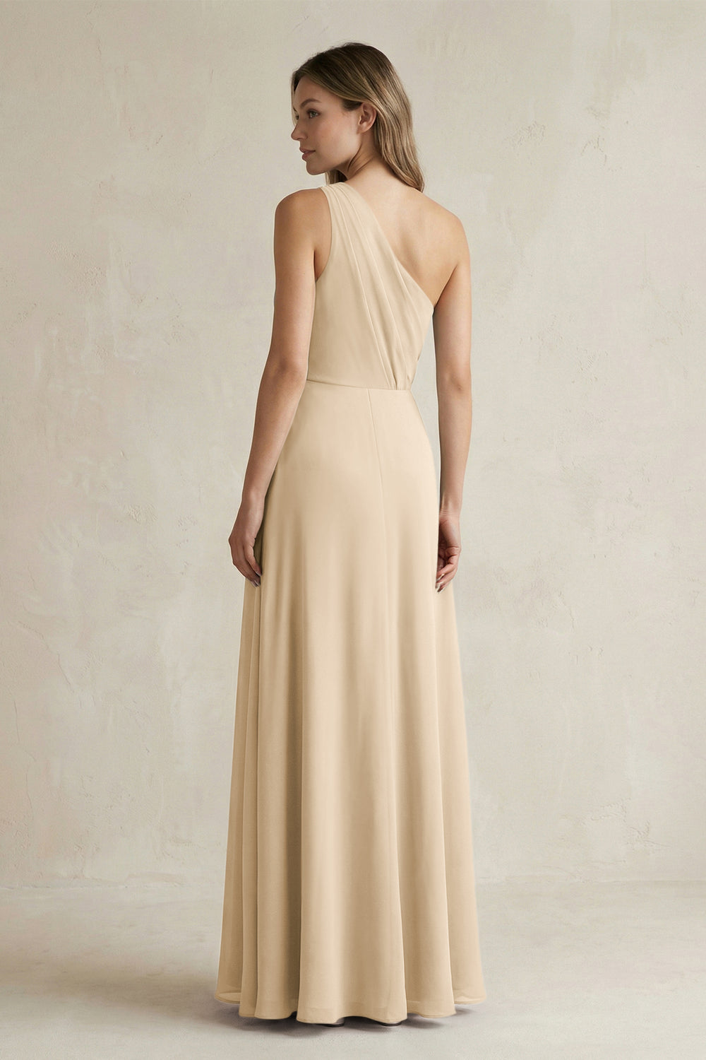 One-Shoulder Chiffon A-Line Bridesmaid Dress With Slit in Champagne