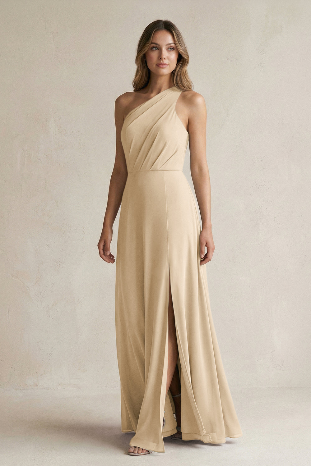 One-Shoulder Chiffon A-Line Bridesmaid Dress With Slit in Champagne