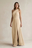 Champagne One-Shoulder Chiffon A-Line Bridesmaid Dress With Slit | KISSBRIDAL