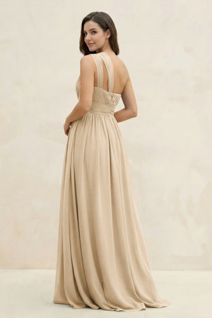 Champagne One-Shoulder Pleated A-Line Chiffon Bridesmaid Dress (2) | KISSBRIDAL