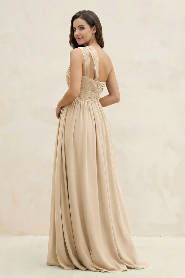 Champagne One-Shoulder Pleated A-Line Chiffon Bridesmaid Dress (2) | KISSBRIDAL
