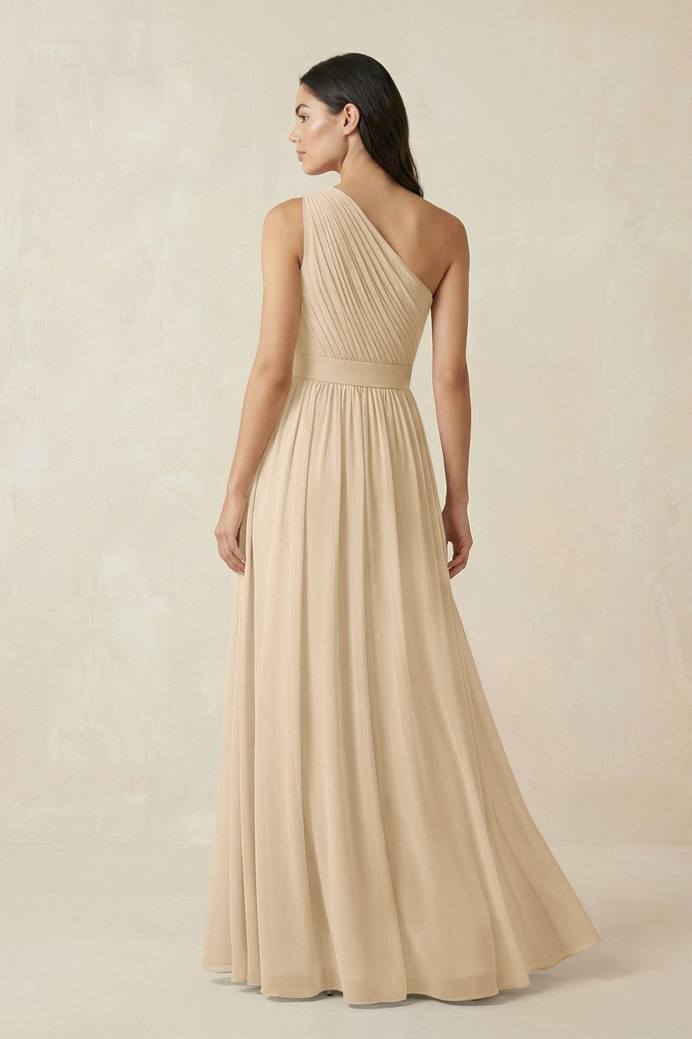 One-Shoulder Pleated Chiffon Bridesmaid Gown in Champagne
