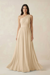Champagne One-Shoulder Pleated Chiffon Bridesmaid Gown | KISSBRIDAL