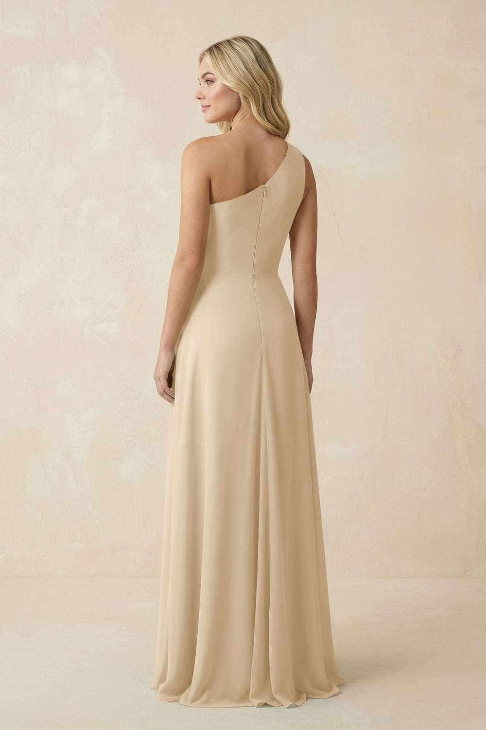 One-Shoulder Ruched A-Line Chiffon Bridesmaid Dress in Champagne