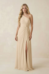 Champagne One-Shoulder Ruched A-Line Chiffon Bridesmaid Dress | KISSBRIDAL