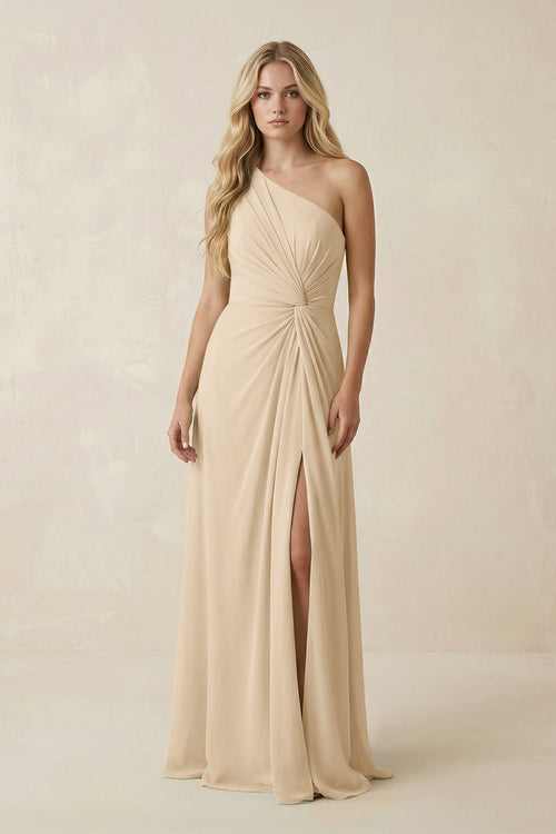 Champagne One-Shoulder Ruched A-Line Chiffon Bridesmaid Dress | KISSBRIDAL