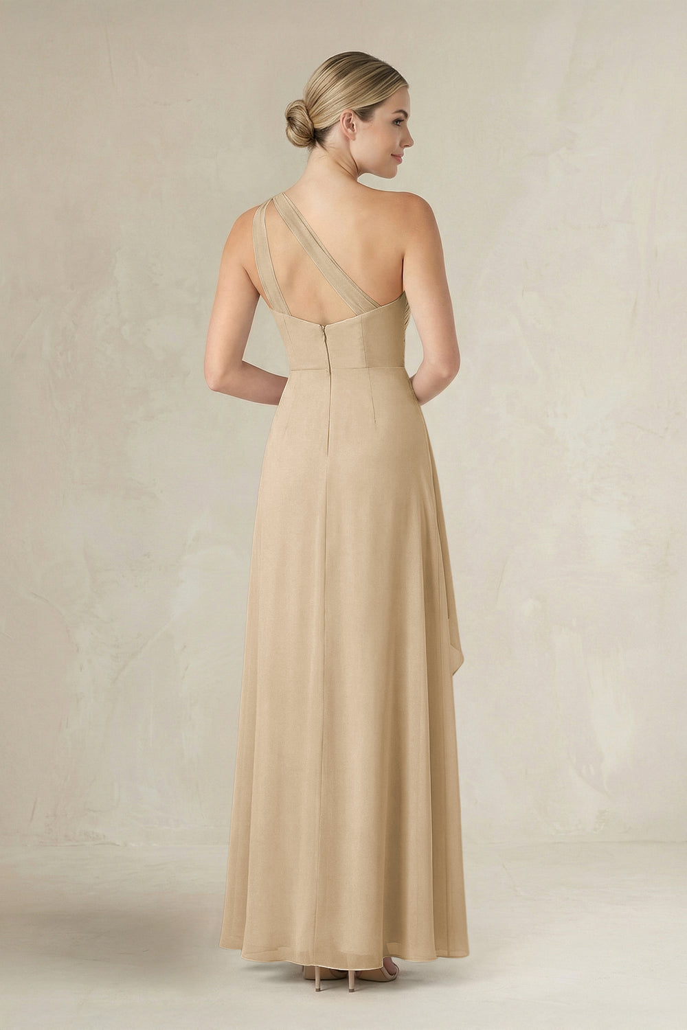 One-Shoulder Sheath Ruched Ruffled Bridesmaid Dress in Champagne
