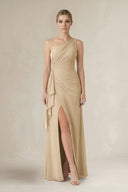 Champagne One-Shoulder Sheath Ruched Ruffled Bridesmaid Dress | KISSBRIDAL