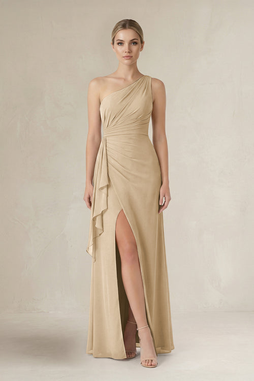 Champagne One-Shoulder Sheath Ruched Ruffled Bridesmaid Dress | KISSBRIDAL