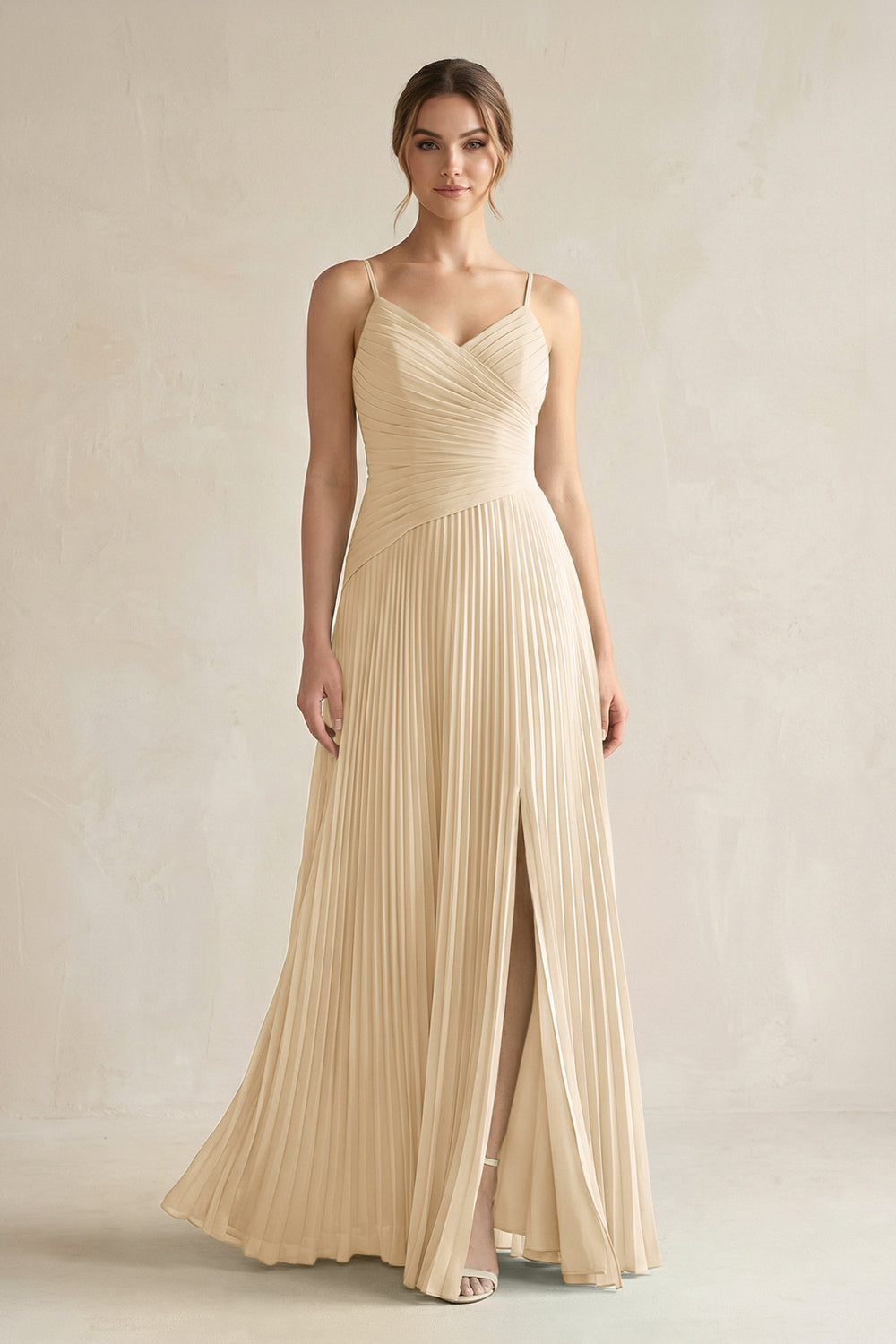 Pleated A-Line Long Chiffon Bridesmaid Dress in Champagne