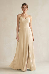 Champagne Pleated A-Line Long Chiffon Bridesmaid Dress | KISSBRIDAL