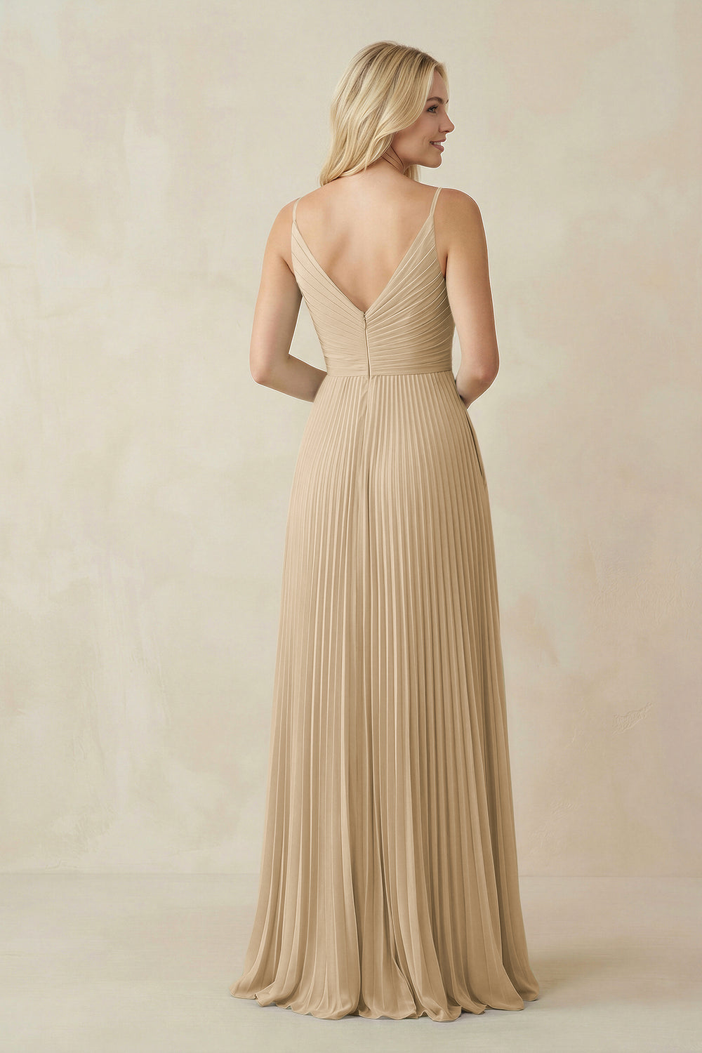 Pleated V-Neck A-Line Chiffon Bridesmaid Dress in Champagne