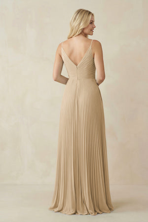 Champagne Pleated V-Neck A-Line Chiffon Bridesmaid Dress (2) | KISSBRIDAL