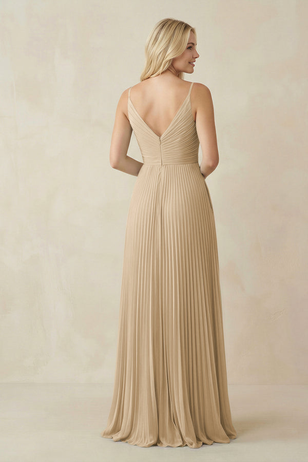 Champagne Pleated V-Neck A-Line Chiffon Bridesmaid Dress (2) | KISSBRIDAL