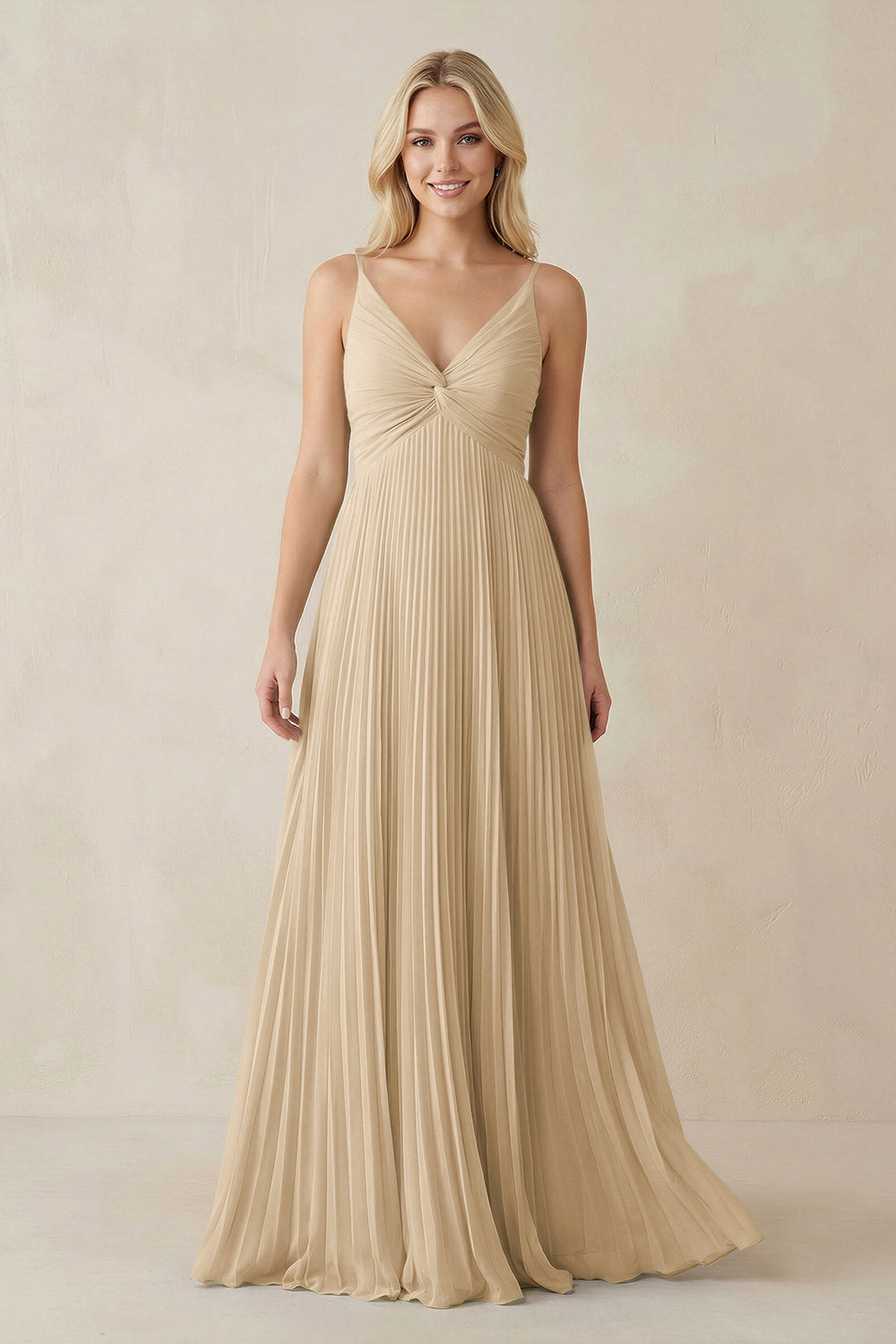 Pleated V-Neck A-Line Chiffon Bridesmaid Dress in Champagne